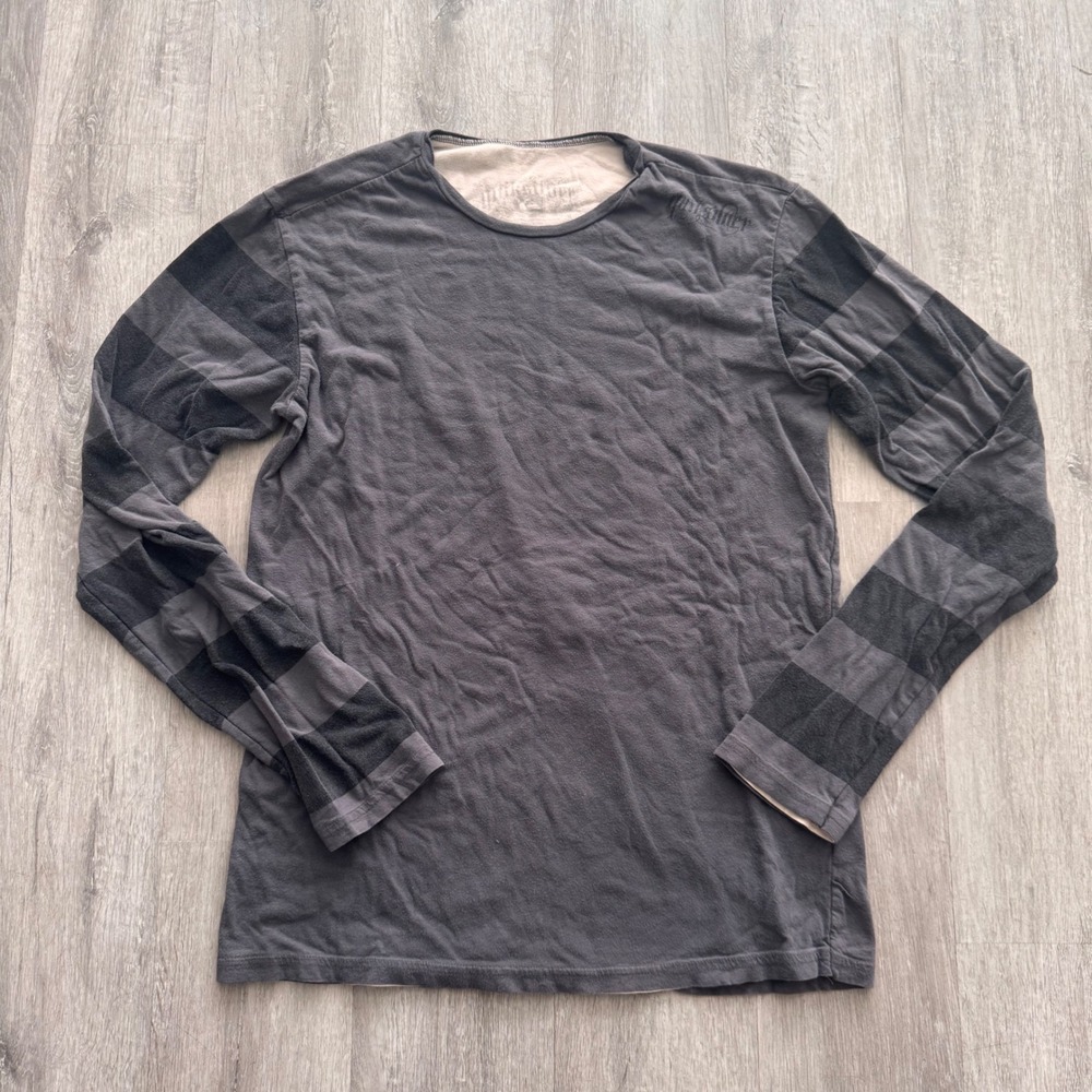 Y2K Quiksilver Mens Long Sleeve T-Shirt Grey Striped Sleeve Crew Neck Large